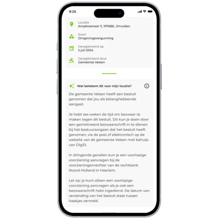 De OmgevingsAlert-app met een AI-samenvatting van een omgevingsvergunning