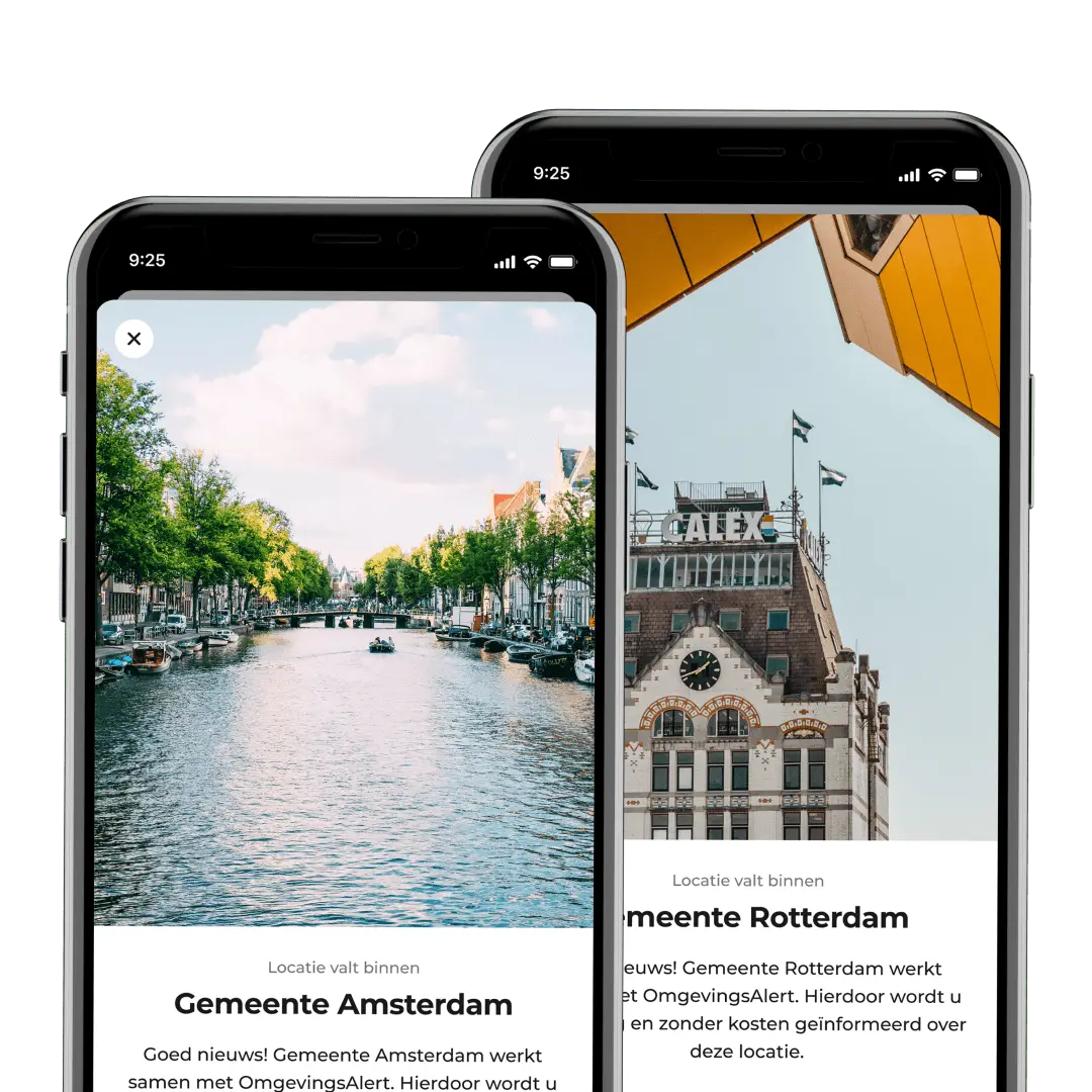 De OmgevingsAlert-app in de huisstijl van gemeente Amsterdam en Rotterdam