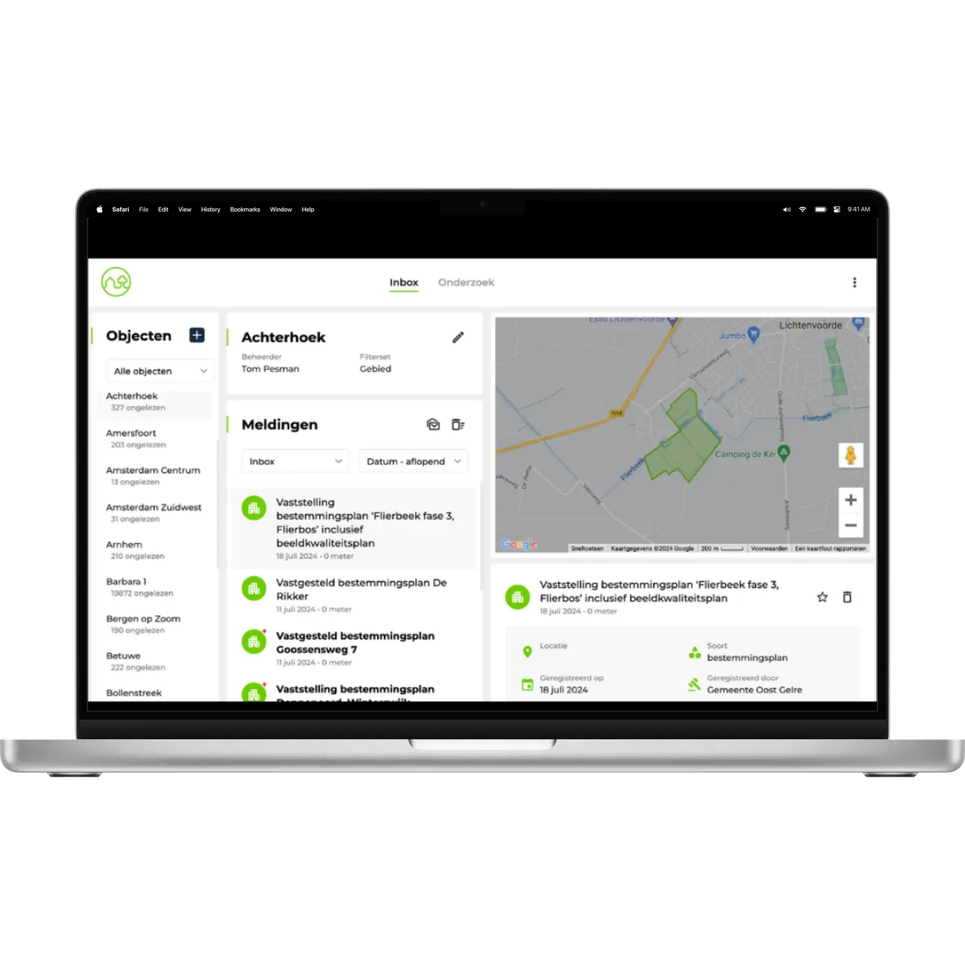 Het OmgevingsAlert Pro-dashboard met objecten, meldingen en kaartweergave